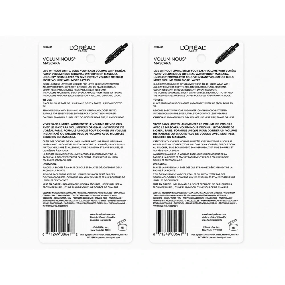 L'Oreal Voluminous Original Waterproof Mascara 360 Black Noir 2 Pack 0.28oz Each
